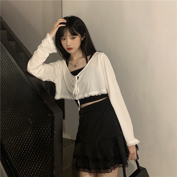 [ORDER]- Áo Croptop tay dài/ Áo croptop hai dây/ Chân váy phối ren xòe