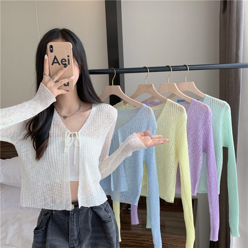 Áo Khoác Cardigan Dệt Kim Mỏng Nhẹ Cổ Chữ V Tay Dài Hở Phía Trước Thời Trang Mùa Hè Cho Nữ