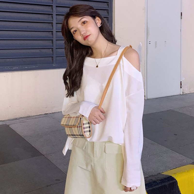 Áo thun trễ vai tay dài màu trơn thiết kế thanh lịch cho phái nữ