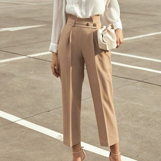 Olv - quần beige button pants
