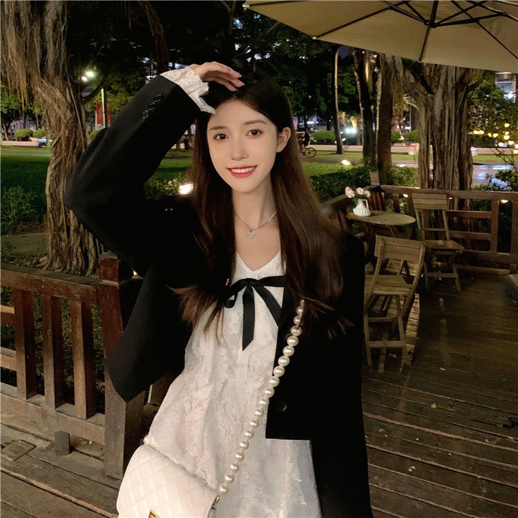 Đầm tay dài cổ chữ V phối ren thời trang mùa thu mới cho nữ