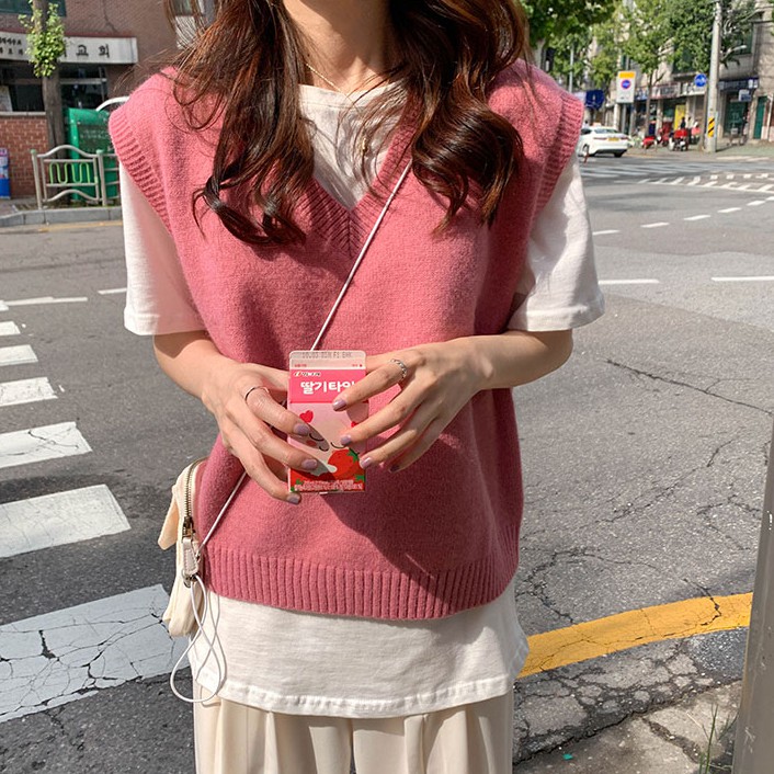 Áo len không tay cổ chữ V màu trơn xinh xắn 31130