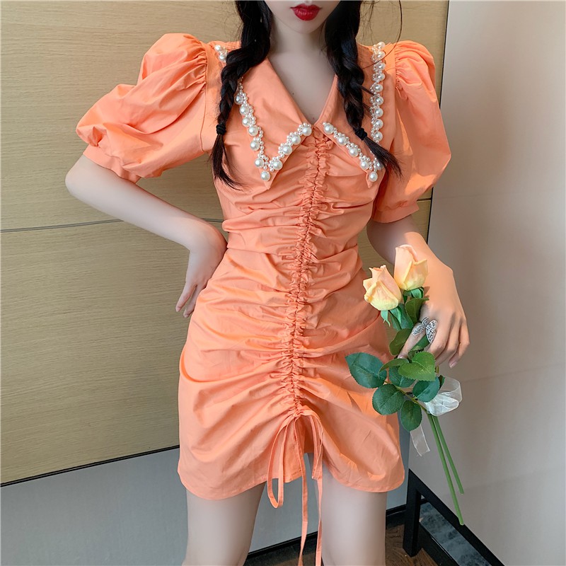 JANE Đầm nhún rút dây sơ mi cổ kết trân châu trắng sang trọng Z4 | BigBuy360 - bigbuy360.vn