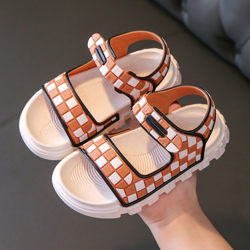 Xăng đan Hở Ngón Đế Bằng Chống Thấm Nước Họa Tiết Sọc Caro Cho Bé