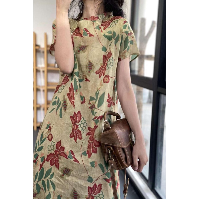 Đầm Sườn Xám Cách Tân Vải Lanh Cotton Tay Ngắn Dáng Dài In Nhãn Hiệu Lớn Kiểu Pháp Xinh Xắn Cho Bạn Gái