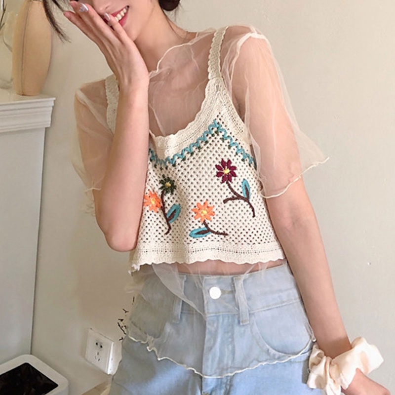 Áo Croptop Dệt Kim Không Tay Họa Tiết Thêu Hoa Xinh Xắn Thời Trang Dành Cho Nữ