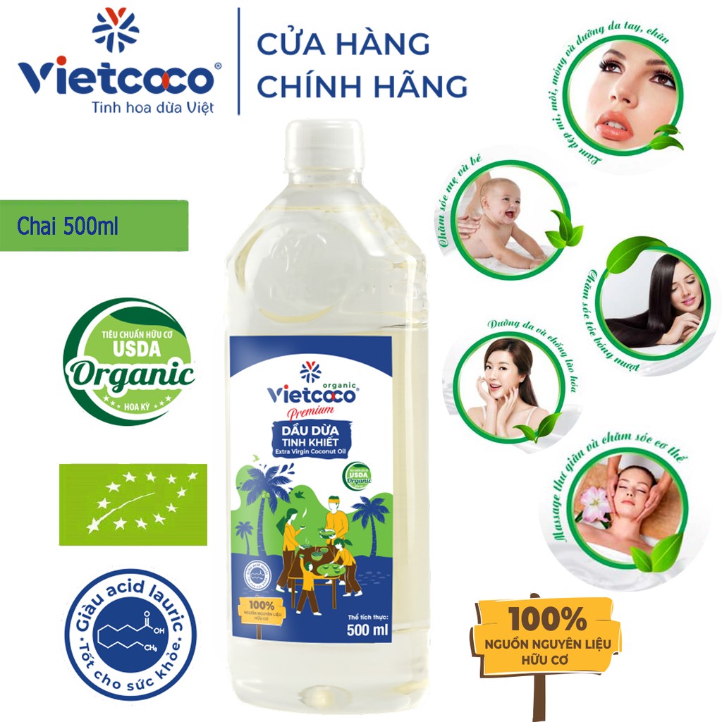 DẦU DỪA HỮU CƠ NGUYÊN CHẤT VIETCOCO : 1 Lít -500ML