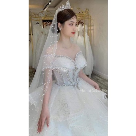 lúp viền hạt trai nhân tạo cô dâu dài 3m