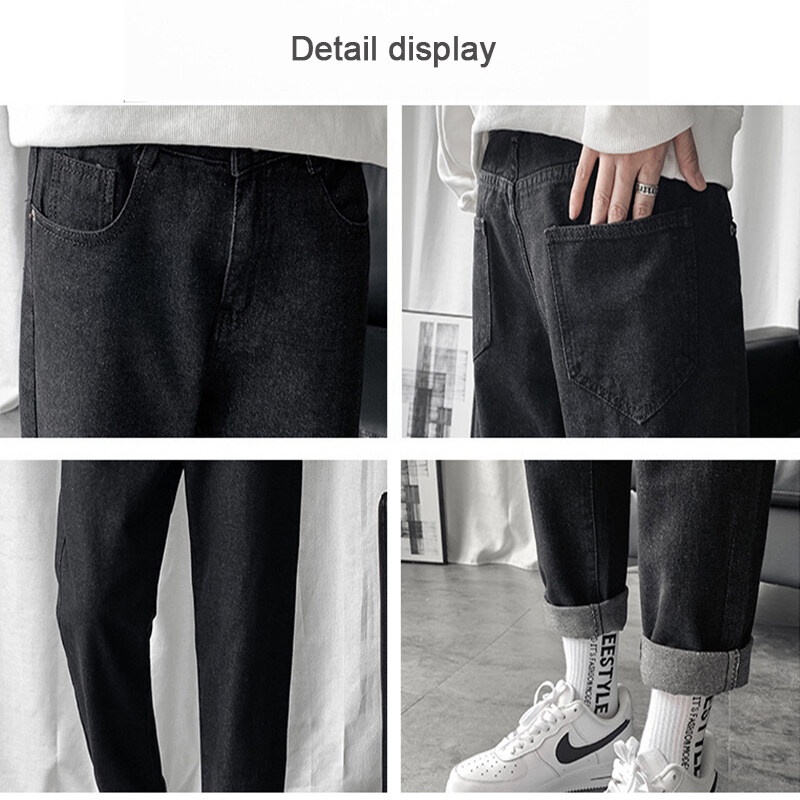 Quần jean AOKANG ống suông màu xanh dương và đen thoải mái cho cặp đôi