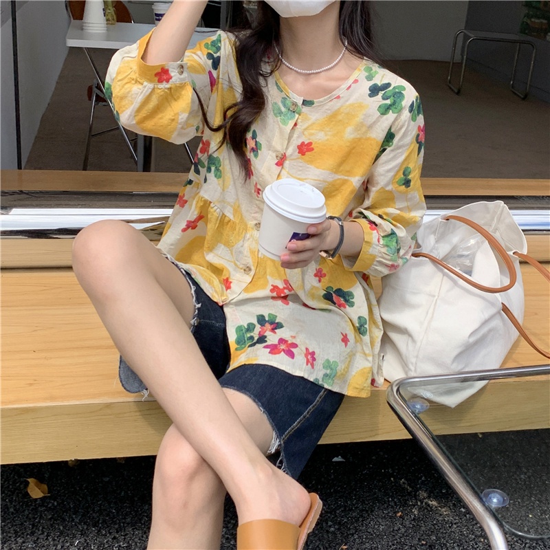 SUXI Áo Kiểu Tay Dài Cổ Tròn Hoạ Tiết Hoa Phong Cách Hàn Quốc