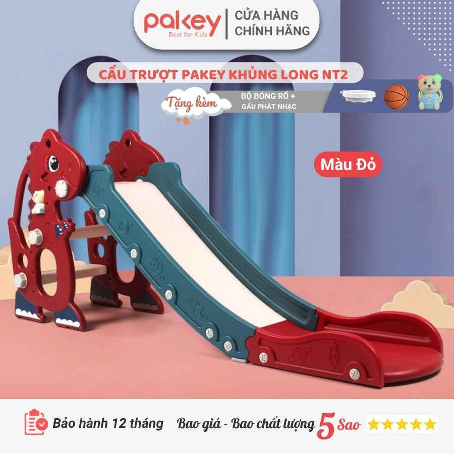 Cầu trượt cho bé Pakey Khủng Long NT2 TẶNG KÈM BÓNG RỔ mẫu mới thành cao đế tiếp đất an toàn cho bé