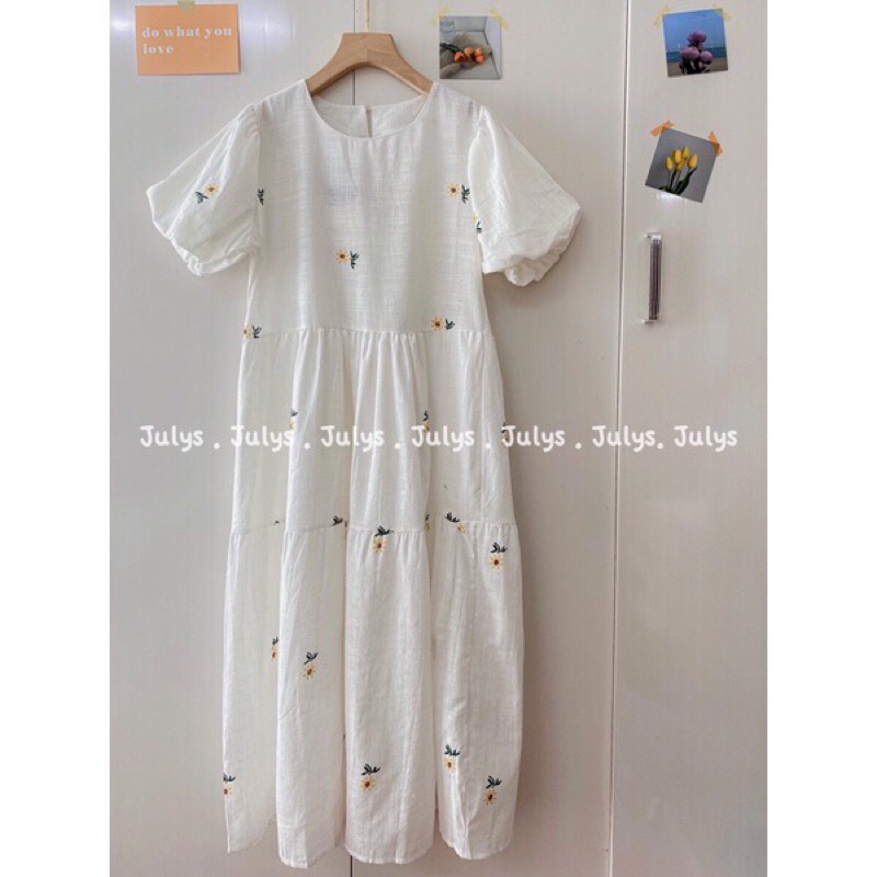 Váy Babydoll hoa cúc tay bồng dáng dài chất đũi thô/Váy vintage đũi hoa cúc tay bồng