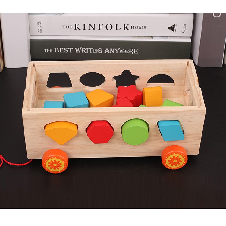 Đồ chơi gỗ thông minh xe kéo thả hình khối kết hợp số đếm cho bé - Xe thả hình khối, thả số bằng gỗ cho bé 1 2 3 tuổi