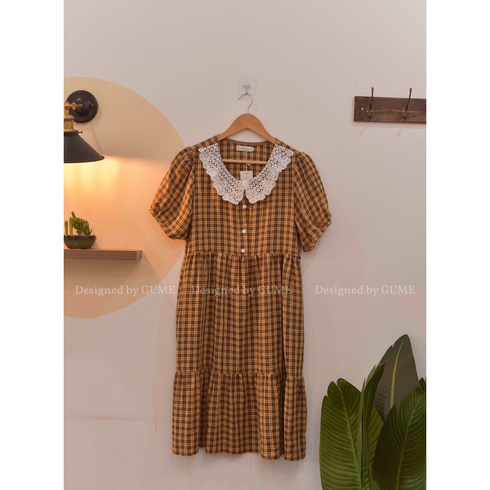 Váy bầu bigsize - Đầm bầu thiết kế GuMe kẻ vàng đuổi cá 3 tầng cổ ren dáng A size từ 40-100kg  MB231- ảnh thật