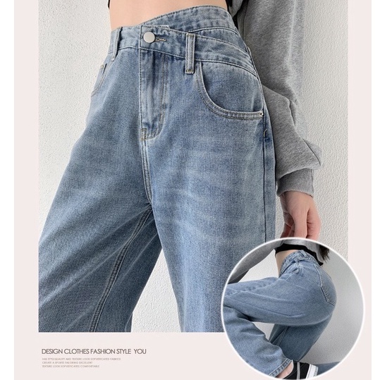 QUẦN JEAN NỮ ỐNG RỘNG QUẦN JEAN LƯNG CAO ỐNG SUÔNG CẠP CHÉO 3 MÀU BASIC TÔN DÁNG