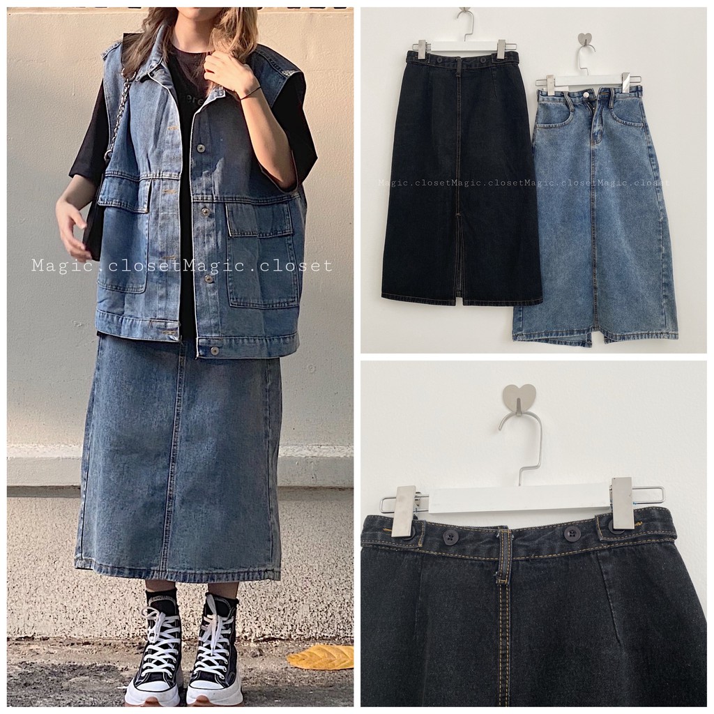 Chân Váy Jeans Nữ Dáng Dài Xẻ Tà Ullzang