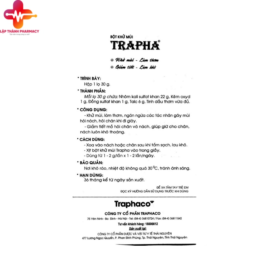 Khử mùi trapha , khử mùi hôi giày, hôi chân, giảm tiết mồ  hôi, dạng bột hộp 30g