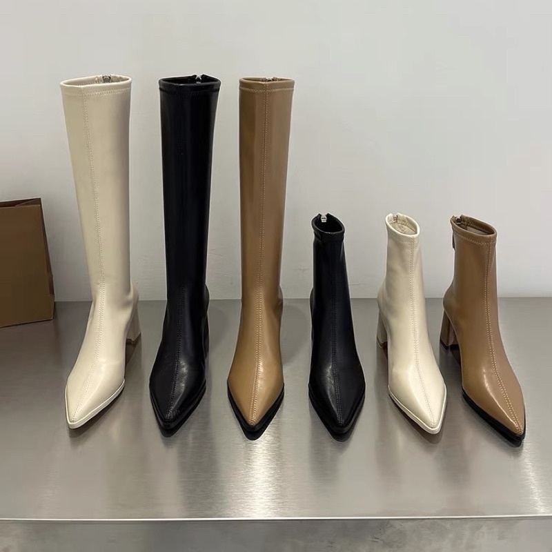 Boots nữ mũi nhọn cổ cao và cổ ngắn da trơn mềm ôm chân đế vuông cao 7cm