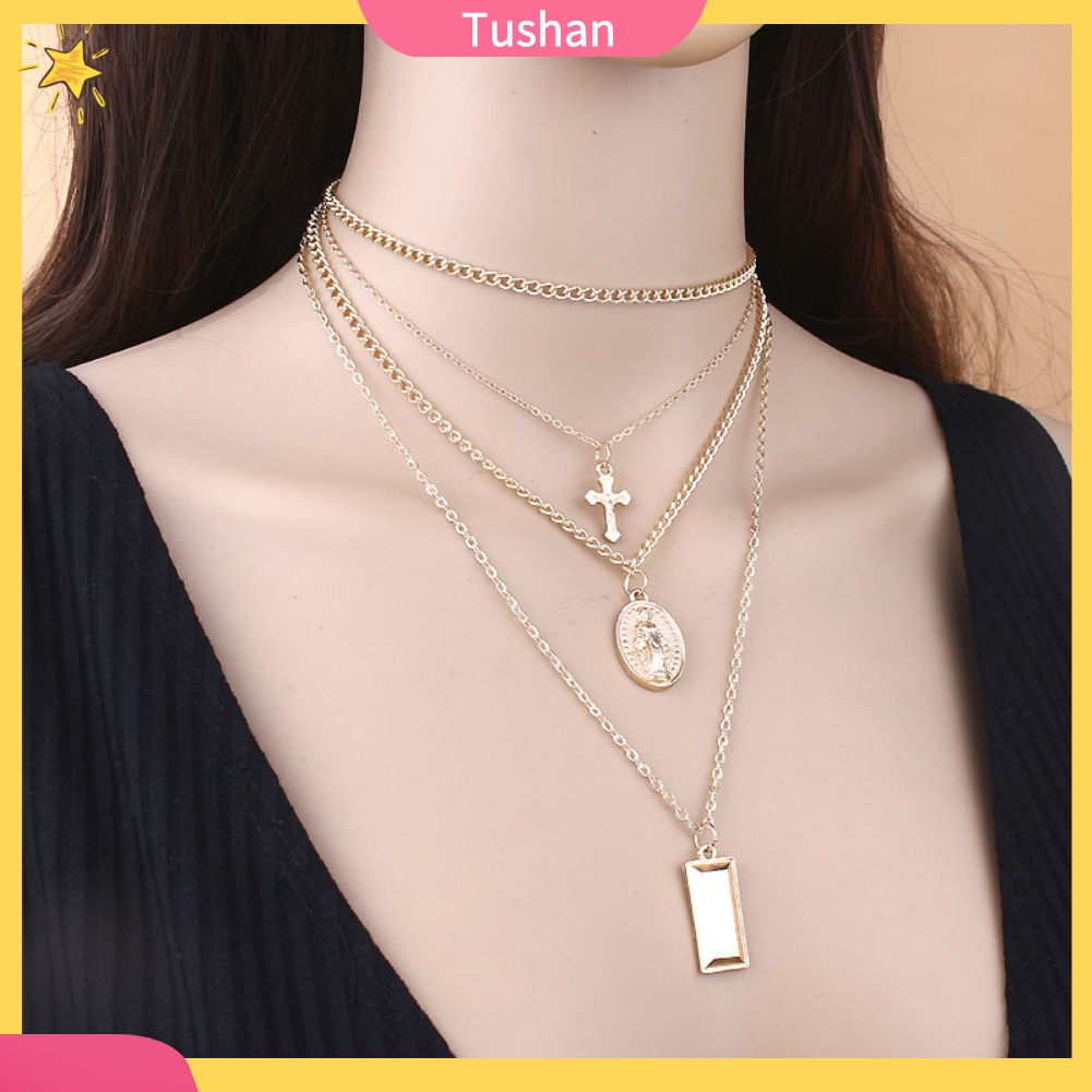 Vòng cổ choker mặt chữ thập nhiều lớp phong cách retro