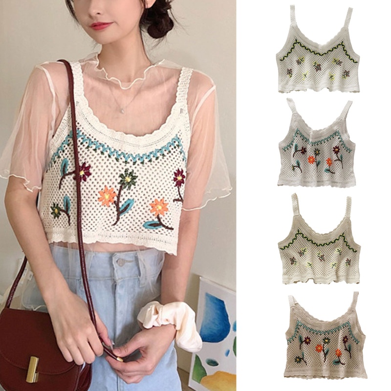 Áo Croptop Dệt Kim Hai Dây Thêu Họa Tiết Hoa Phong Cách Vintage
