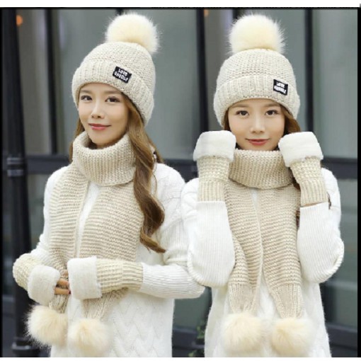 Bộ mũ len khăn kèm găn tay phong cách Hàn, sét nón len lông thỏ có lót nỉ cao cấp