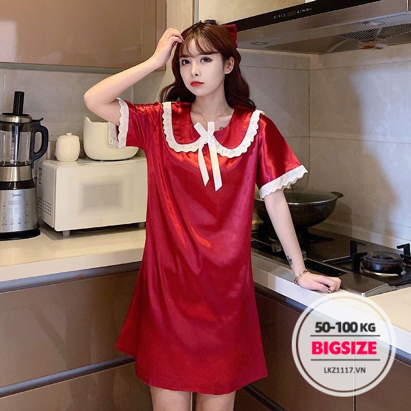 Váy ngủ nữ，Đầm ngủ Bigsize đồ ngủ nữ pyjama mặc nhà cổ bèo tay ngắn dáng suông mùa hè cho người mập béo nữ