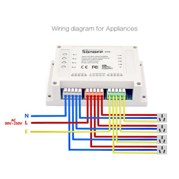 Công tắc wifi 4 kênh thông minh điều khiển từ xa qua điện thoại (Smartphone) SONOFF 4CH