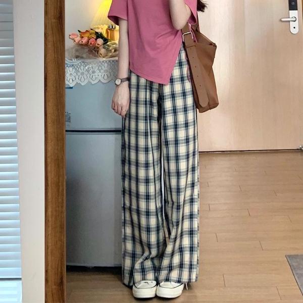 COZOK Set Áo Thun Tay Ngắn + Quần Dài Lưng Cao Họa Tiết Sọc Caro Thời Trang Trẻ Trung