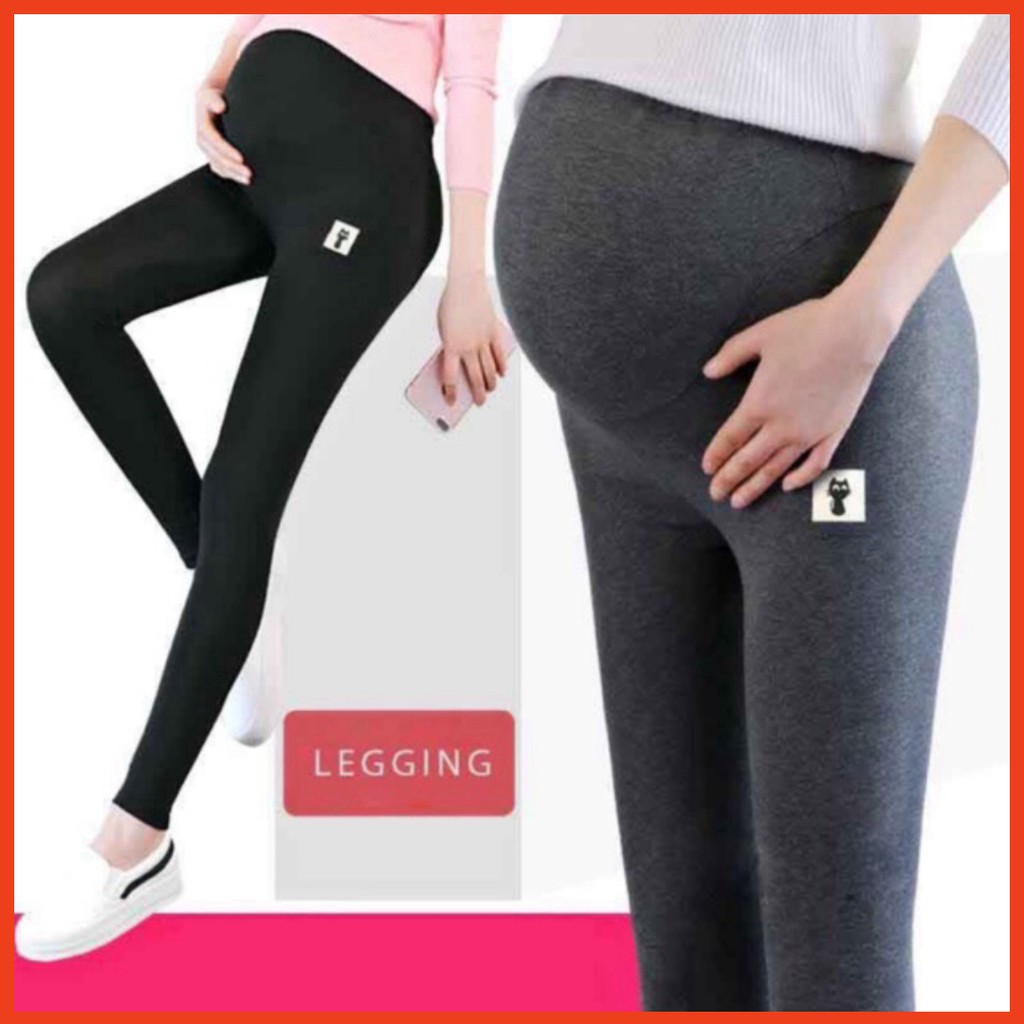 Quần legging bầu dài vải zip cottong gắn logo con mèo