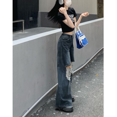 Quần jean ống rộng cạp cao rách gối thời trang hè 2022 cho nữ