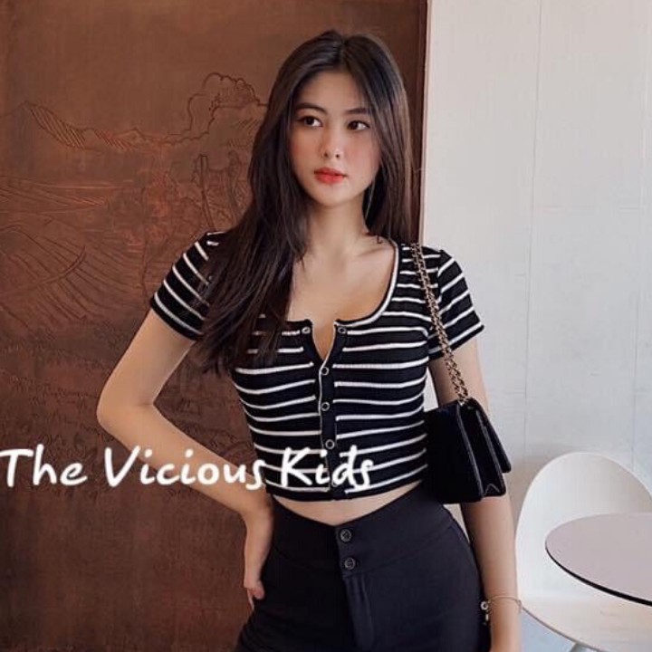 Áo Kiểu Croptop Nữ Thun Gân Hoạ Tiết Sọc Ngang Dễ Thương