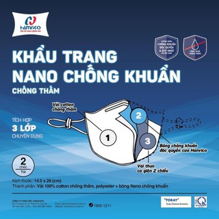 [CHÍNH HÃNG] Combo 2 Khẩu Trang Vải Kháng Khuẩn Nano Bạc HANVICO 3 lớp