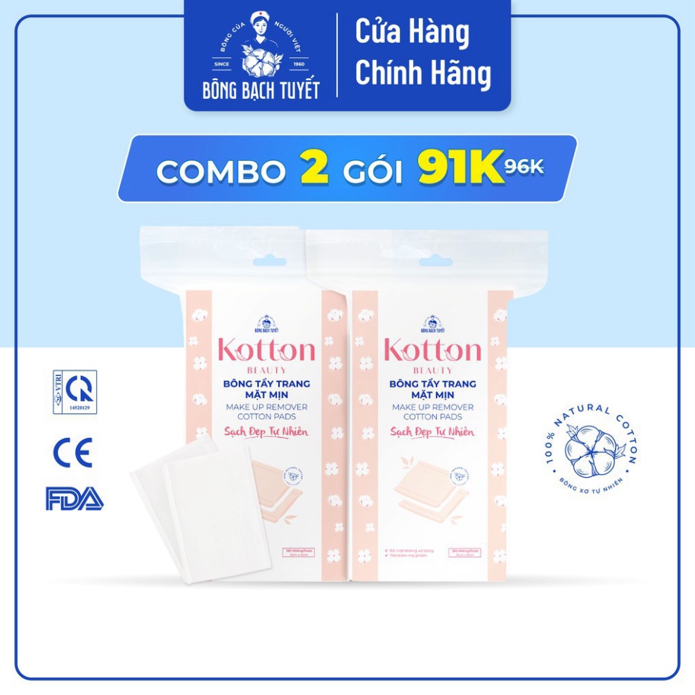 Bông tẩy trang cotton 180 Miếng bề mặt mịn Kotton Beauty Bông Bạch Tuyết