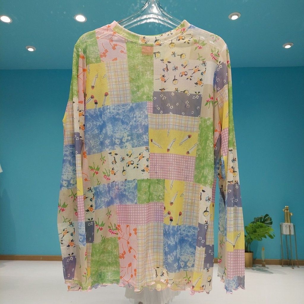 Jiashucheng Áo Thun Chiffon Tay Dài Chống Nắng Mỏng Co Giãn Ghép Lớp Phong Cách Hàn Quốc Thiết Kế Hình Hoa