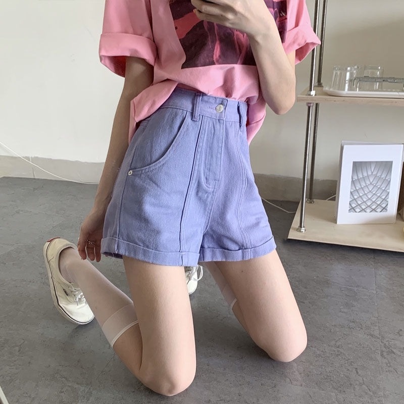 Quần short denim chữ A cạp cao thời trang mùa hè cho nữ