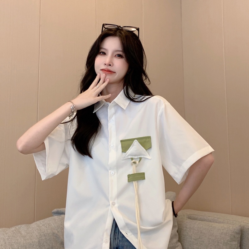 Áo sơ mi ZHELIHANGFEI tay ngắn dáng rộng theo phong cách preppy độc đáo/dễ phối đồ