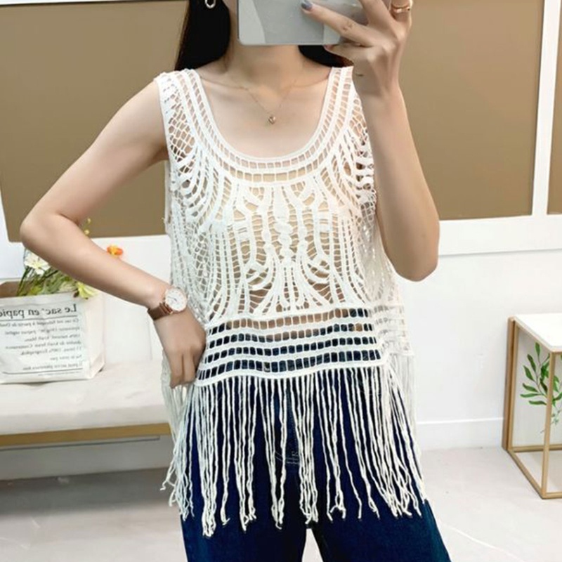 Áo Tank Top Dệt Kim Mỏng Nhẹ Không Tay Phối Tua Rua Thời Trang Mùa Hè Cho Nữ