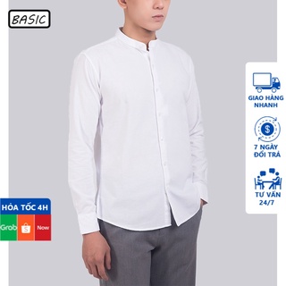 Áo sơ mi nam BASIC cổ trụ dáng ôm cơ bản không nhăn xù vải cotton lì chéo hơi co dãn