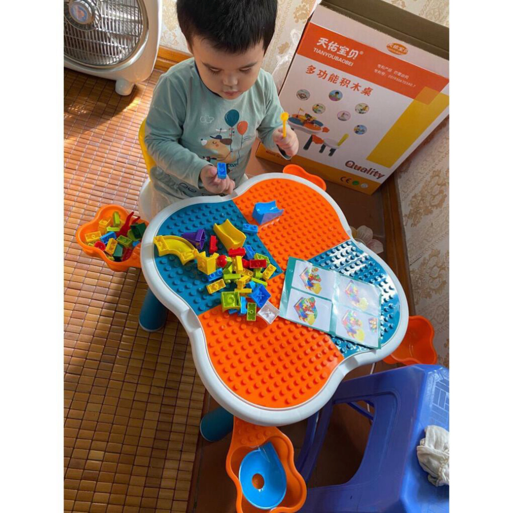 Bộ bàn lego đa năng hoa anh đào - Bàn học cho bé kèm 85 chi tiết Lego - Bộ bàn ghế xếp hình lắp ráp lego