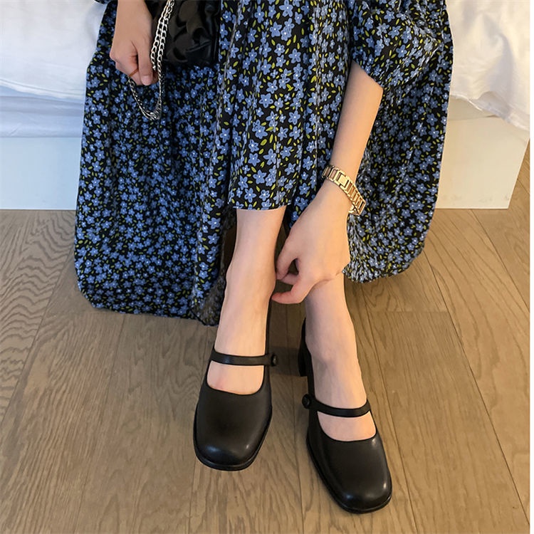 Giày Da Cao Gót Mũi Vuông Miệng Nông Kiểu Retro Nhật Bản Thời Trang 2022 Cho Bạn Gái GD05