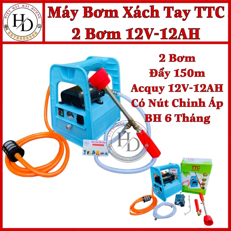 Máy bơm xịt thuốc,tưới cây TTC. 2 Bơm.Acquy 12V 12AH.Hút 8L/Phút.BH 6Tháng