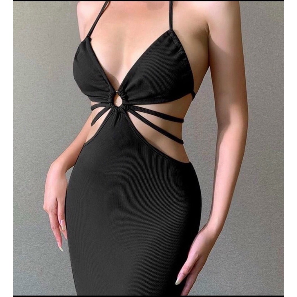 Đầm body gân cổ yếm có mút khoen trước khoét eo dây quấn eo hở lưng sexy MS57