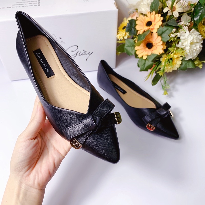 GB61 - Giày bệt đế bằng, giày búp bê nữ mũi  nhọn da lì nơ nhỏ cực xinh đế cao su dẻo mềm êm phù hợp đi học đi làm