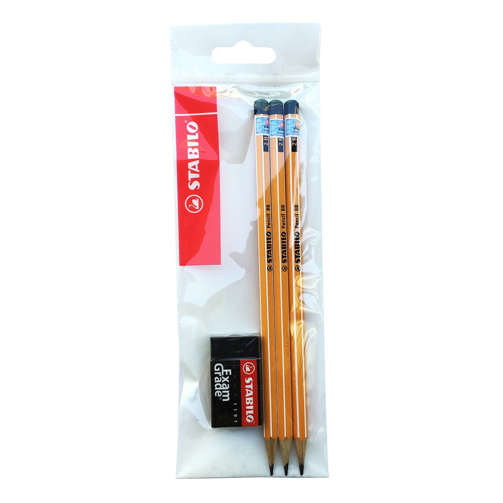 Bộ 3 cây chì gỗ STABILO Pencil 2B đầu đen + tẩy ER191E (PC88-C3+)