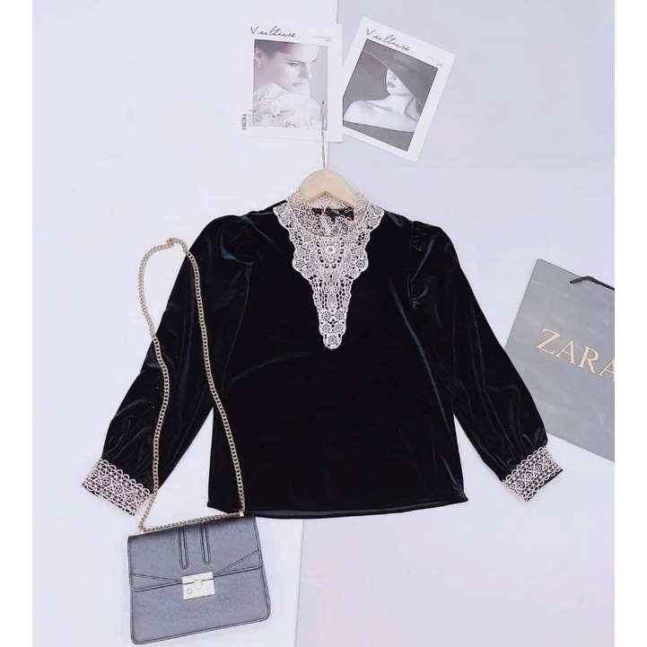 Áo nhung pha ren tiểu thư