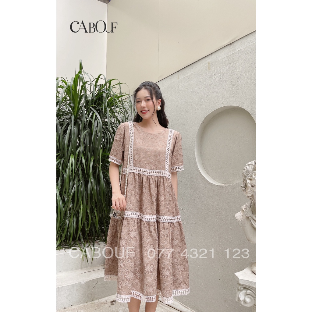 Váy Thiết Kế Cabouf Đầm Đi Tiệc Đuôi Cá Dáng Suông, Phom Rộng Chất Liệu Ren Phối Viền Cổ Tròn D21