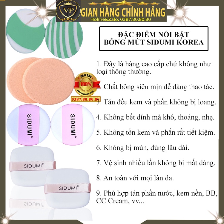 Sét 2 miếng bông mút trang điểm tròn vuông đánh tán phấn nước cushion kem nền bb cc cream chính hãng sidumi hàn quốc