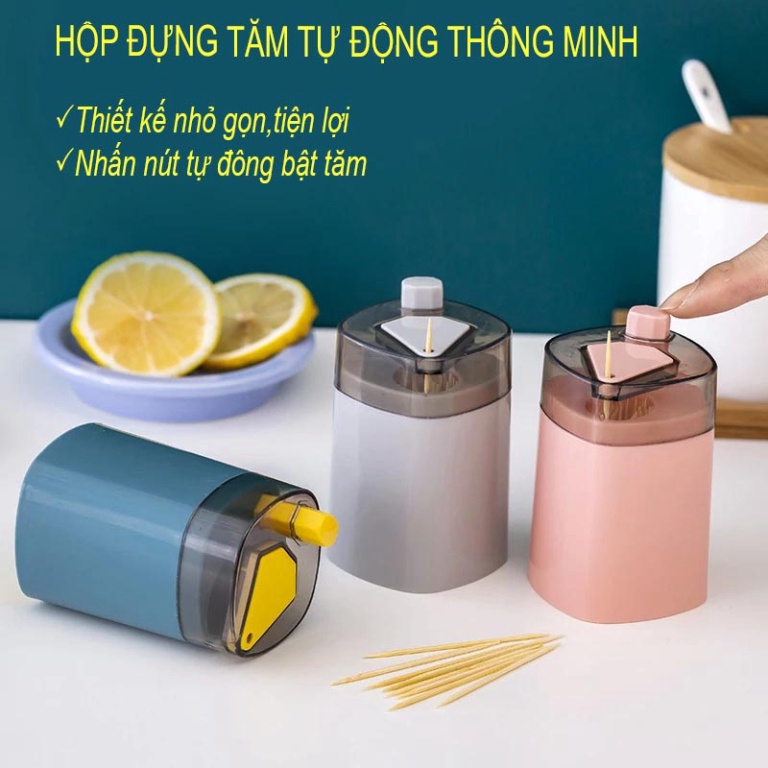 Hũ đựng tăm bằng nhựa lúa mạch, có nút bấm tự động [Ship Hỏa Tốc]