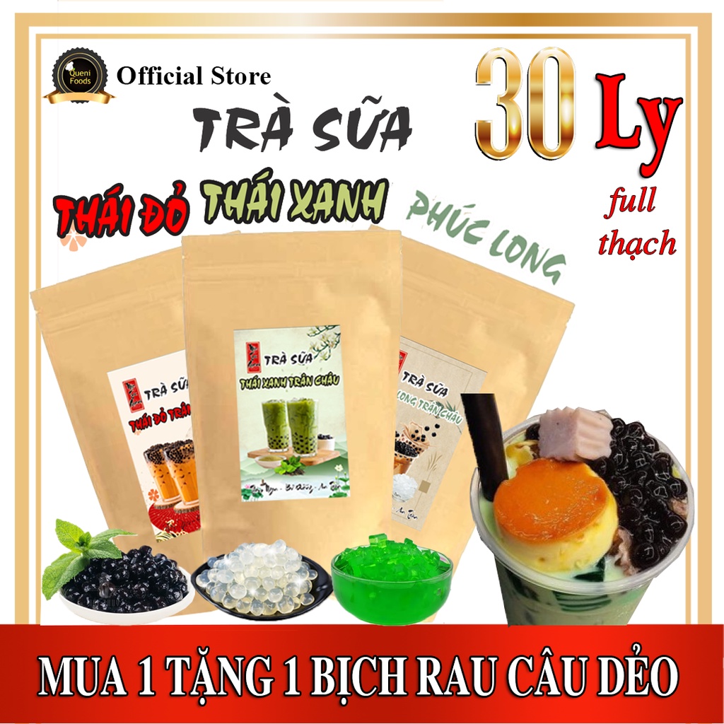 (Mua 1 tặng 1) 30 ly Set trà sữa trân châu Phúc Long, thái xanh, thái đỏ nhiều thạch - tặng rau câu