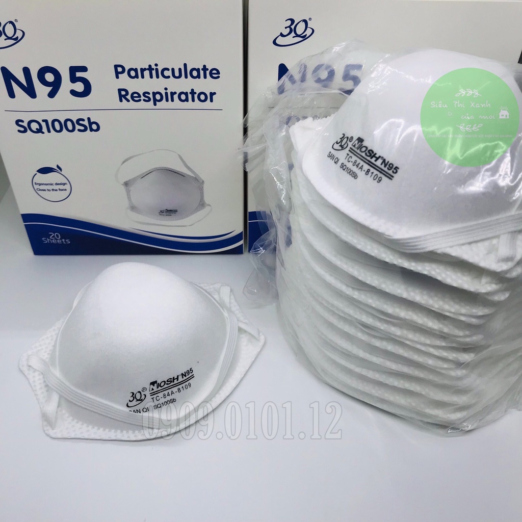 Khẩu trang n95 SQ100SB chính hãng 3Q hộp 20 cái, kn95 mask cao cấp chuẩn ffp2 lọc trên 94% bụi mịn pm2.5
